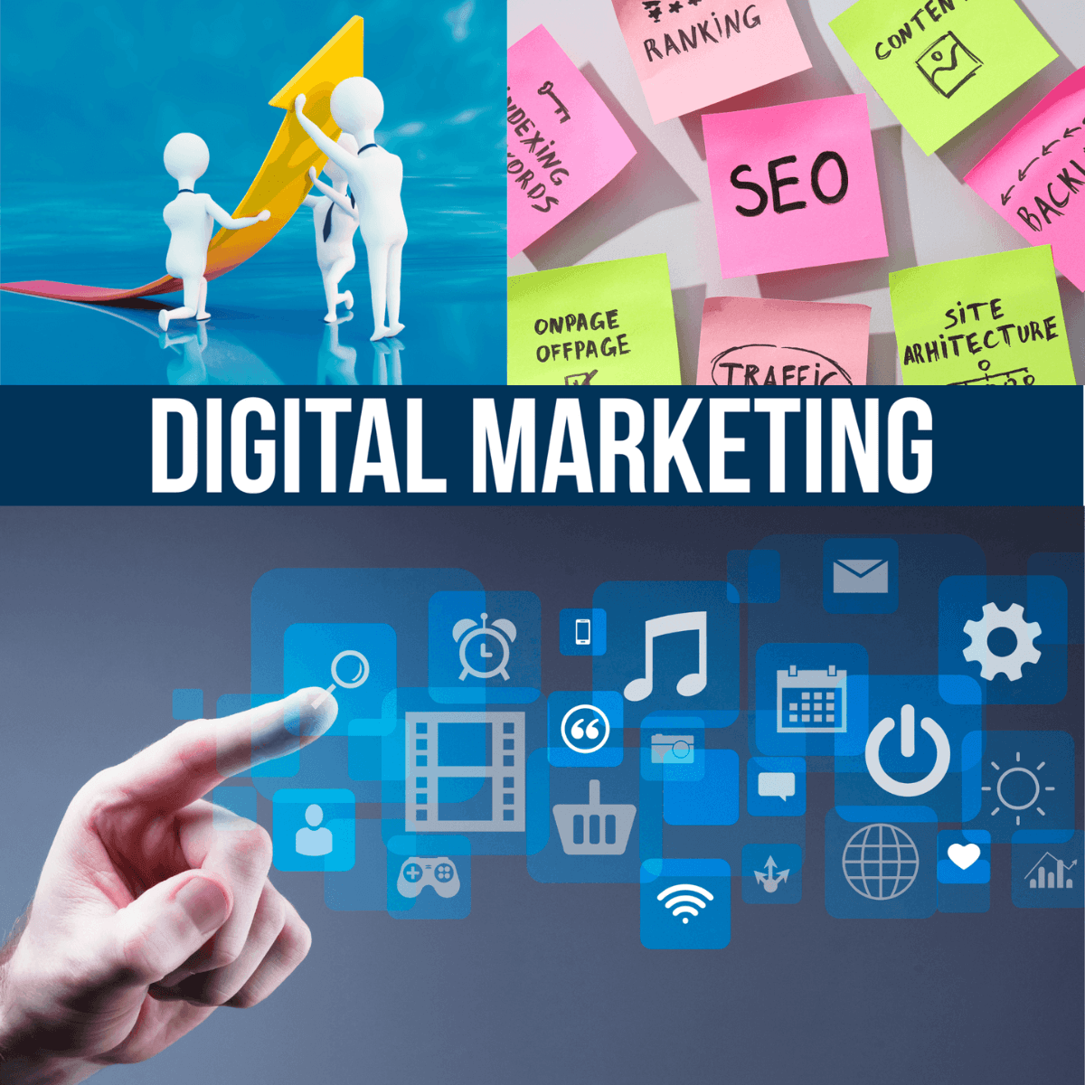 Digital marketing illustration showing SEO and online marketing tools