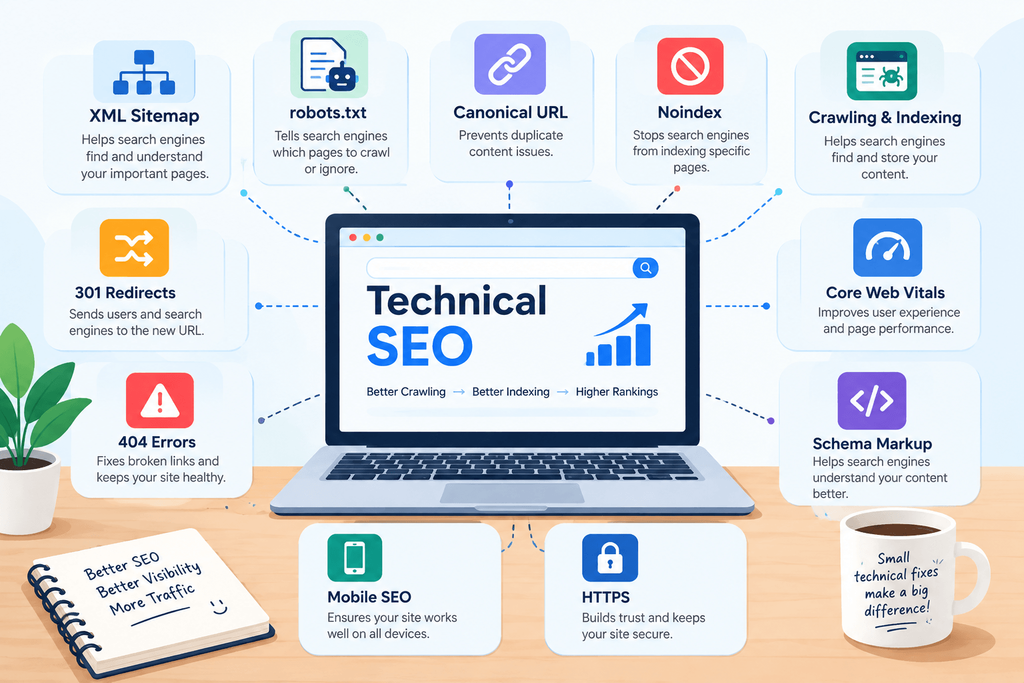 Technical SEO infographic showing XML sitemap, robots.txt, canonical URL, noindex, crawling and indexing, 301 redirects, and Core Web Vitals