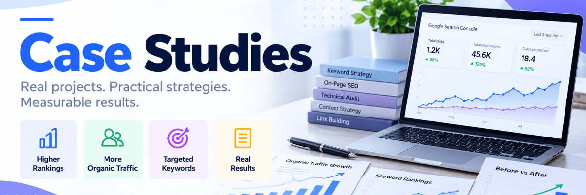 SEO case studies showing website growth, keyword rankings, and organic traffic results